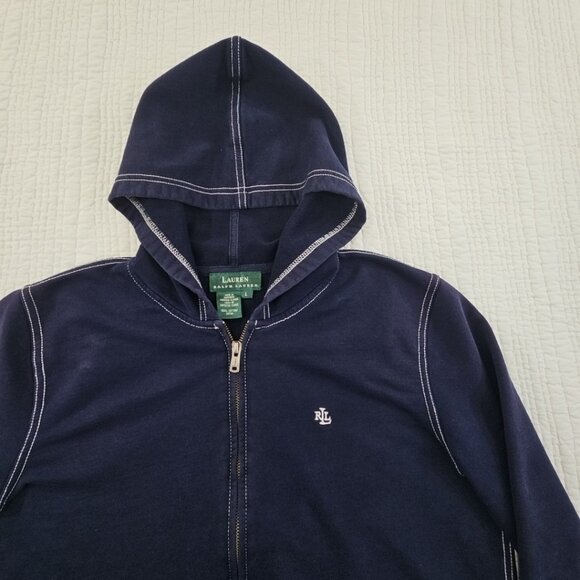 Green Label Lauren Ralph Lauren Hoodie Women's L Navy Blue Y2K Full Zip EUC - Picture 4 of 15